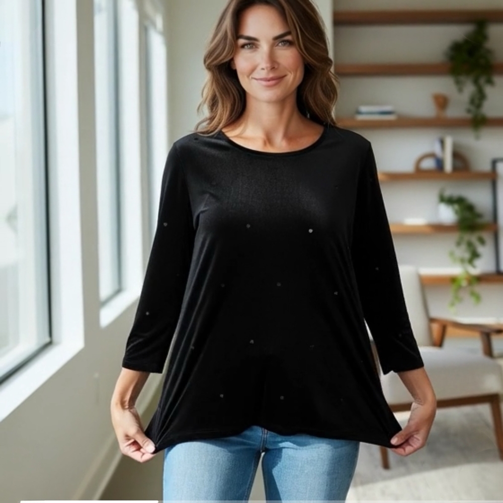 Quacker Factory Black Velour Sequin Long Sleeve Tunic Top NWT Womens L